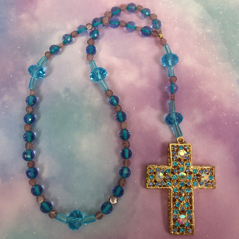 B-B-191-2 Purple Aqua Jewelled Cross Anglican Prayer Beads