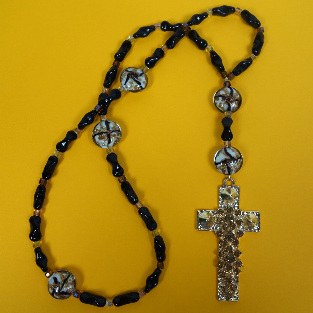 B-B-193-5 Black Golden Rhinestoned Cross Anglican Prayer Beads