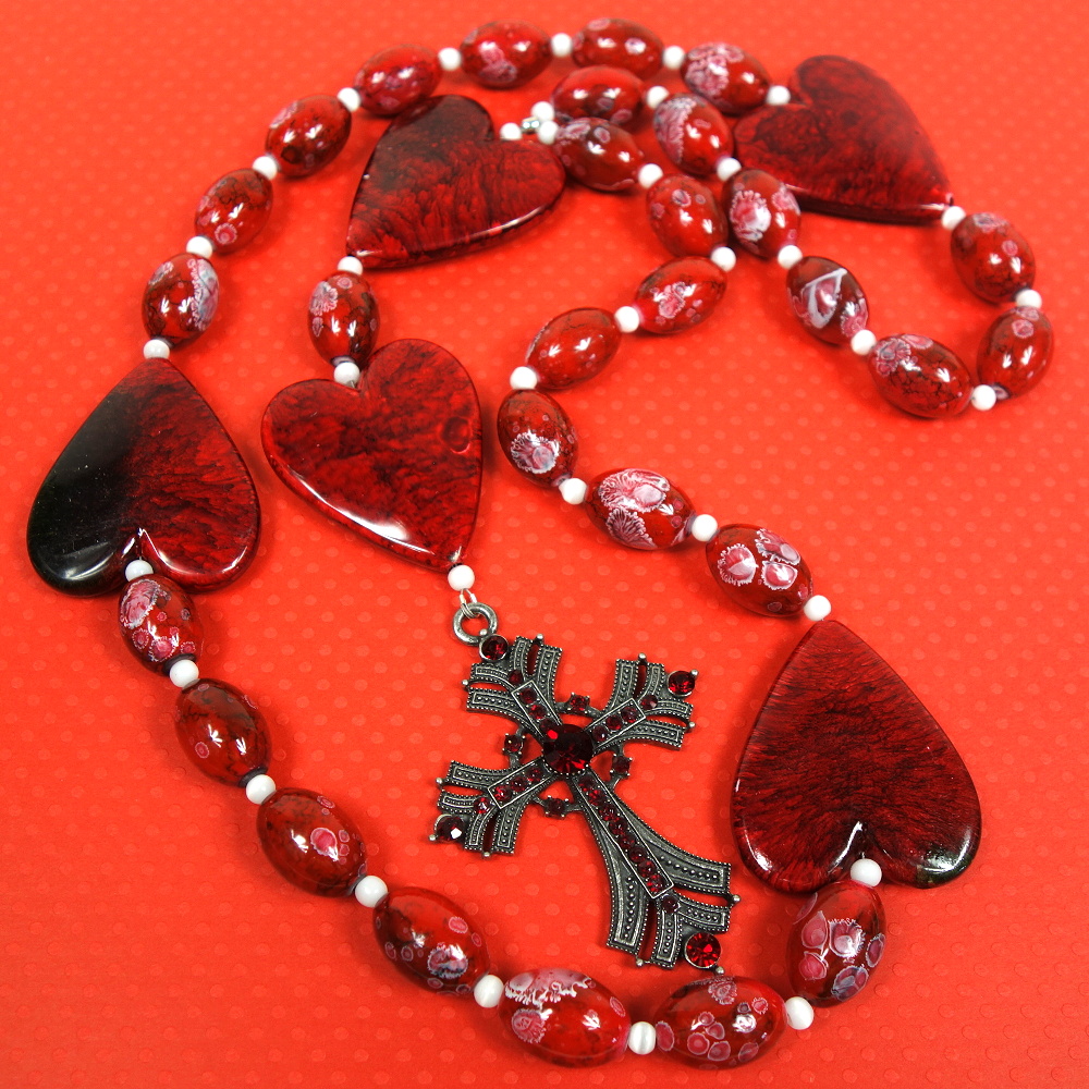 B-B-203-3 Big Red Hearts Prayer Bead Necklace