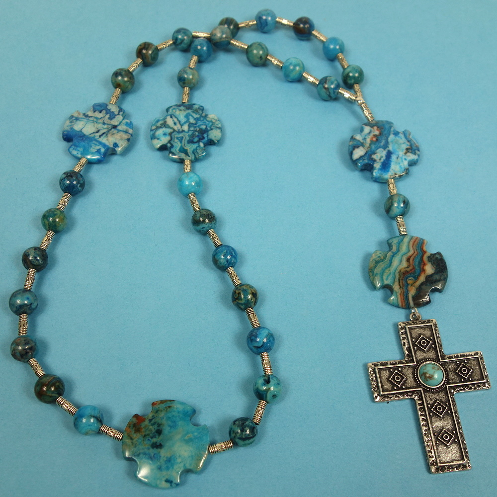 B-B-205-4 Aqua Crazy Lace Agate Prayer Bead Necklace