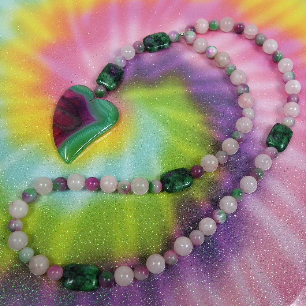 B-B-208-10 Pink Green Agat Heart Prayer Beads