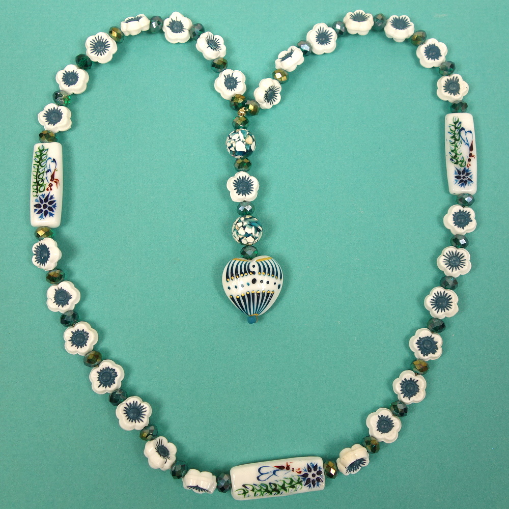 B-B-212-7 Aqua White Flowers Protestant Prayer Bead Necklace