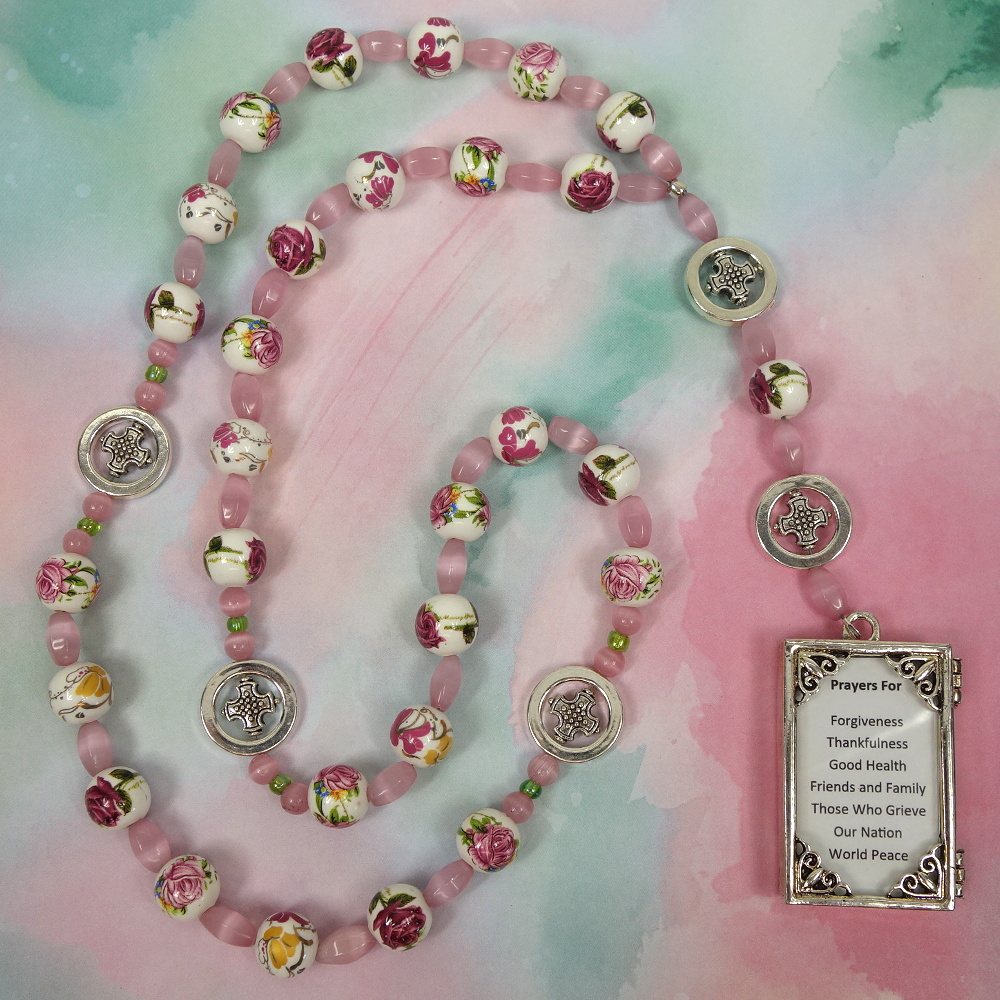 B-B-217-3 Flowered Pink Prayer Box Protestant Prayer Beads