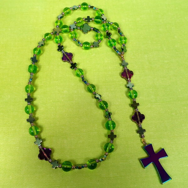 Purple Green Crosses Prayer Bead Necklace