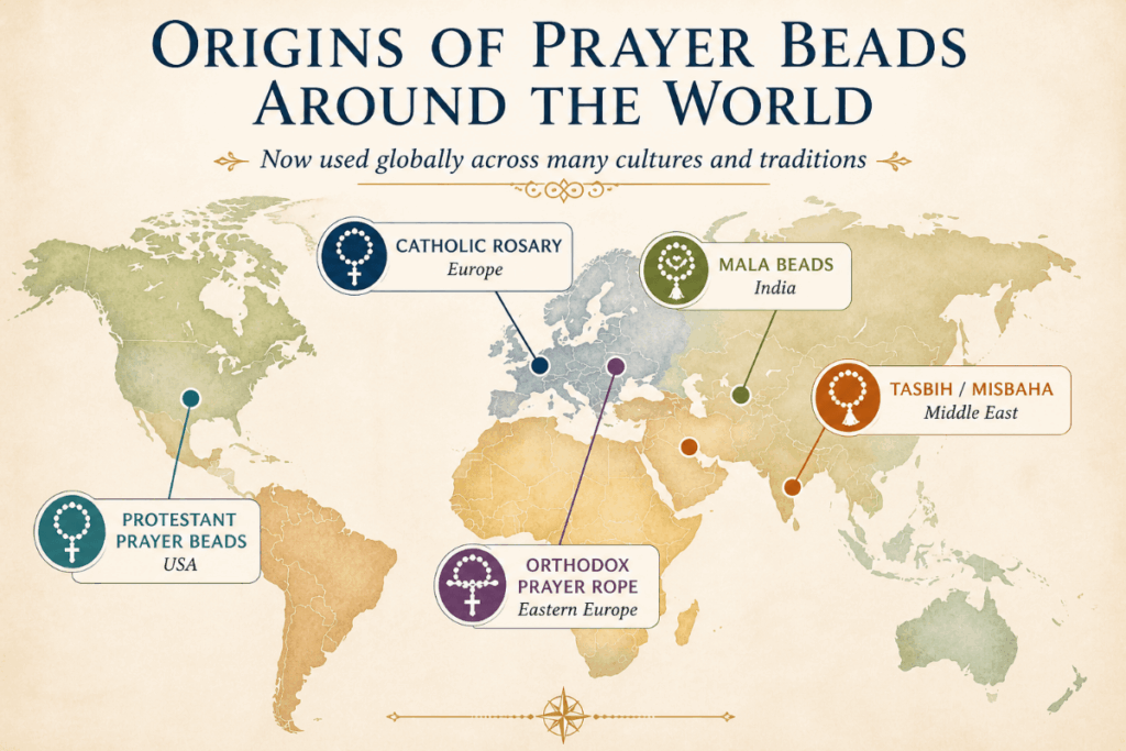 World map showing the origins of prayer beads including the Catholic Rosary in Europe, mala beads in India, tasbih in the Middle East, Orthodox prayer rope in Eastern Europe, and Protestant prayer beads in the USA