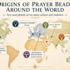 World map showing the origins of prayer beads including the Catholic Rosary in Europe, mala beads in India, tasbih in the Middle East, Orthodox prayer rope in Eastern Europe, and Protestant prayer beads in the USA