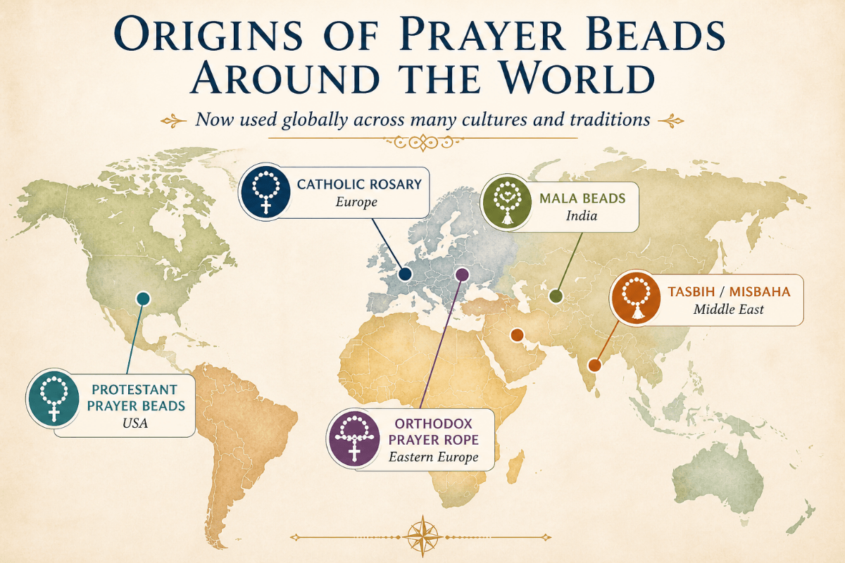 World map showing the origins of prayer beads including the Catholic Rosary in Europe, mala beads in India, tasbih in the Middle East, Orthodox prayer rope in Eastern Europe, and Protestant prayer beads in the USA