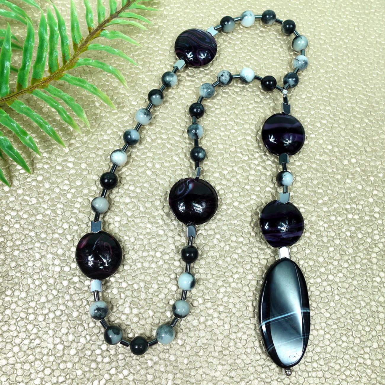 B-B-311-6 Dolomite Jasper Protestant prayer beads with black glass cruciform beads, hematite accents, and striped black onyx pendant