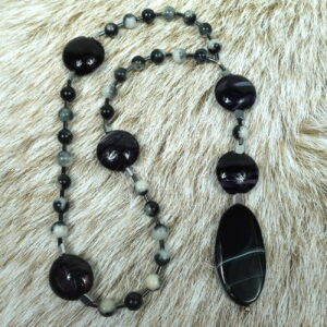 Dolomite Jasper Protestant prayer beads with black glass cruciform beads, hematite accents, and striped black onyx pendant