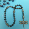 Gray Striped Dragonfly Protestant prayer beads with striped glass beads and rhinestone dragonfly pendant