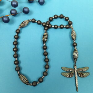 Gray Striped Dragonfly Protestant prayer beads with striped glass beads and rhinestone dragonfly pendant