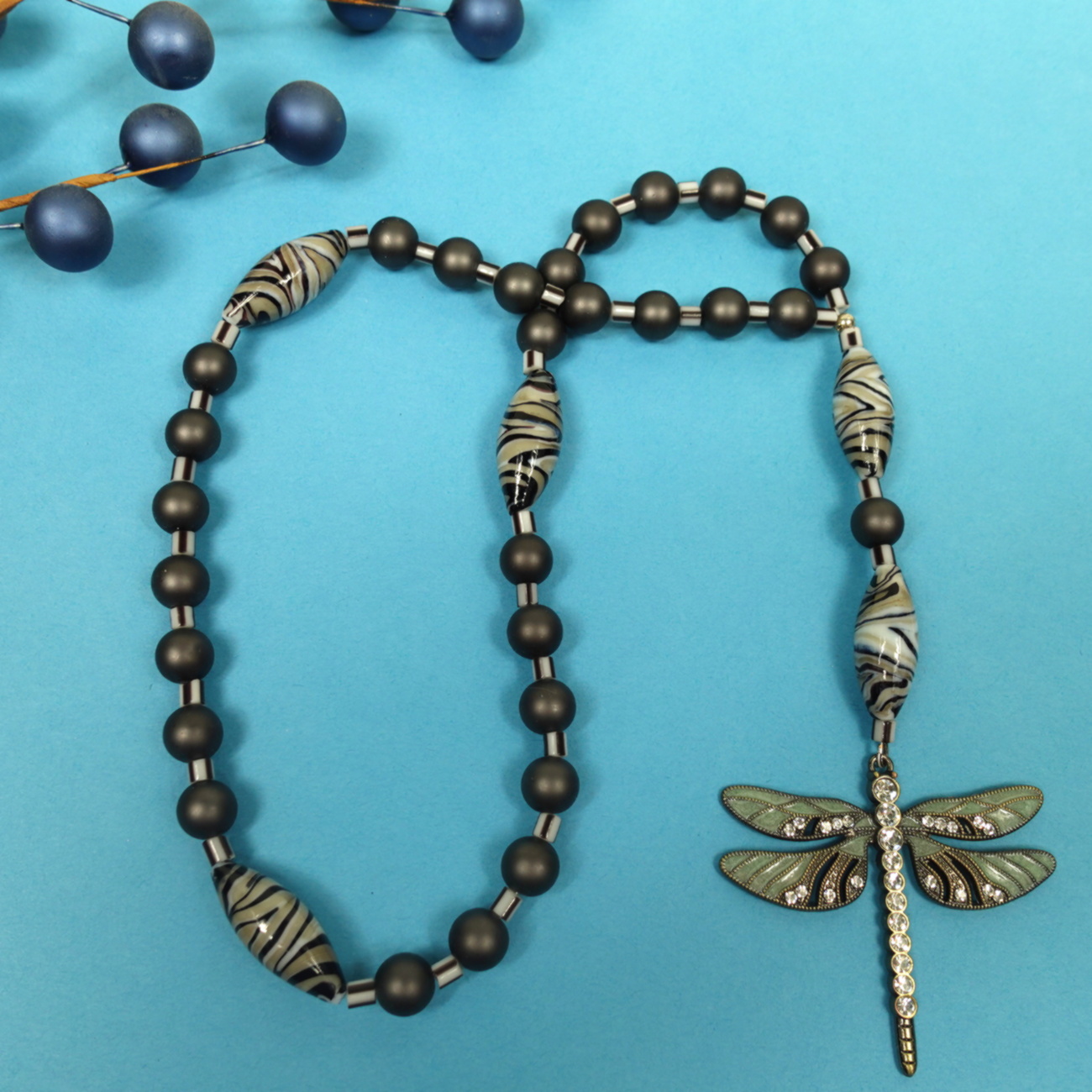 B-B-313-11 Gray Striped Dragonfly Protestant prayer beads with striped glass beads and rhinestone dragonfly pendant