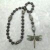 Gray Striped Dragonfly Protestant prayer beads with striped glass beads and rhinestone dragonfly pendant