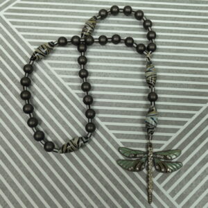 Gray Striped Dragonfly Protestant prayer beads with striped glass beads and rhinestone dragonfly pendant