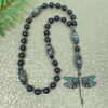Gray Striped Dragonfly Protestant prayer beads with striped glass beads and rhinestone dragonfly pendant
