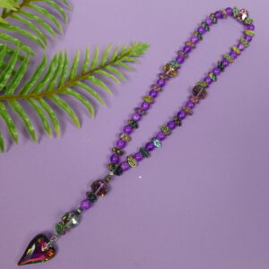 Purple Leaved Heart Protestant prayer beads with purple crackle glass, hematite leaf spacers, and iridescent heart pendant