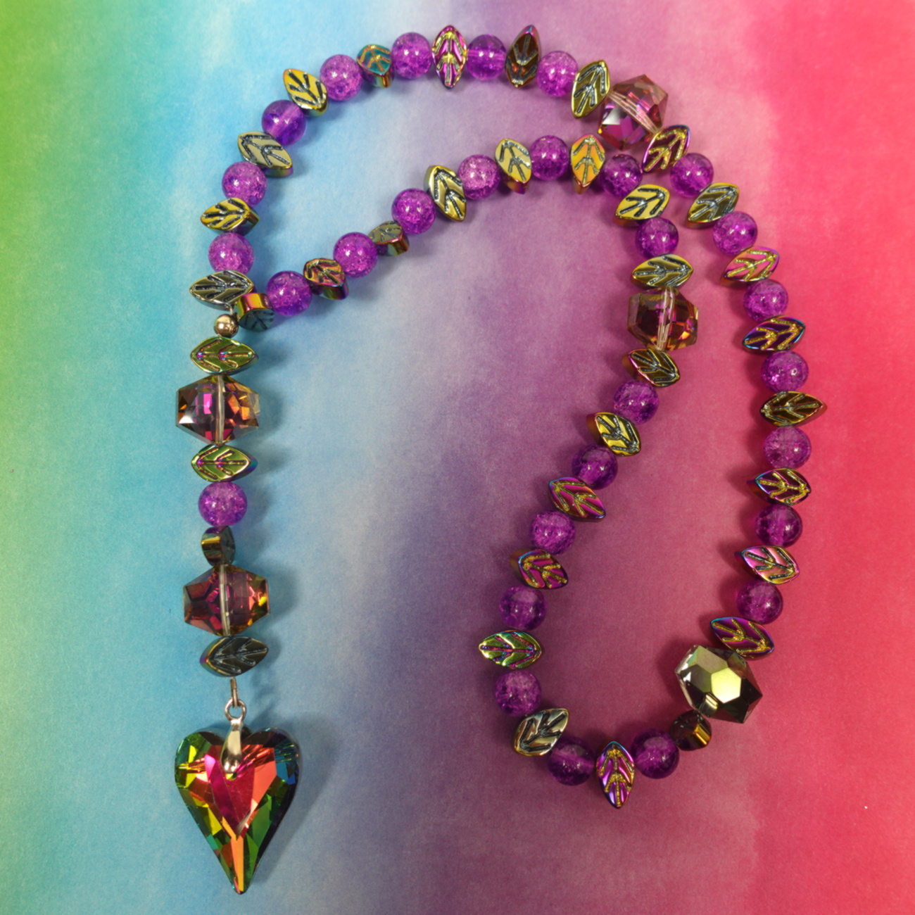 B-B-314-6 Purple Leaved Heart Protestant prayer beads with purple crackle glass, hematite leaf spacers, and iridescent heart pendant