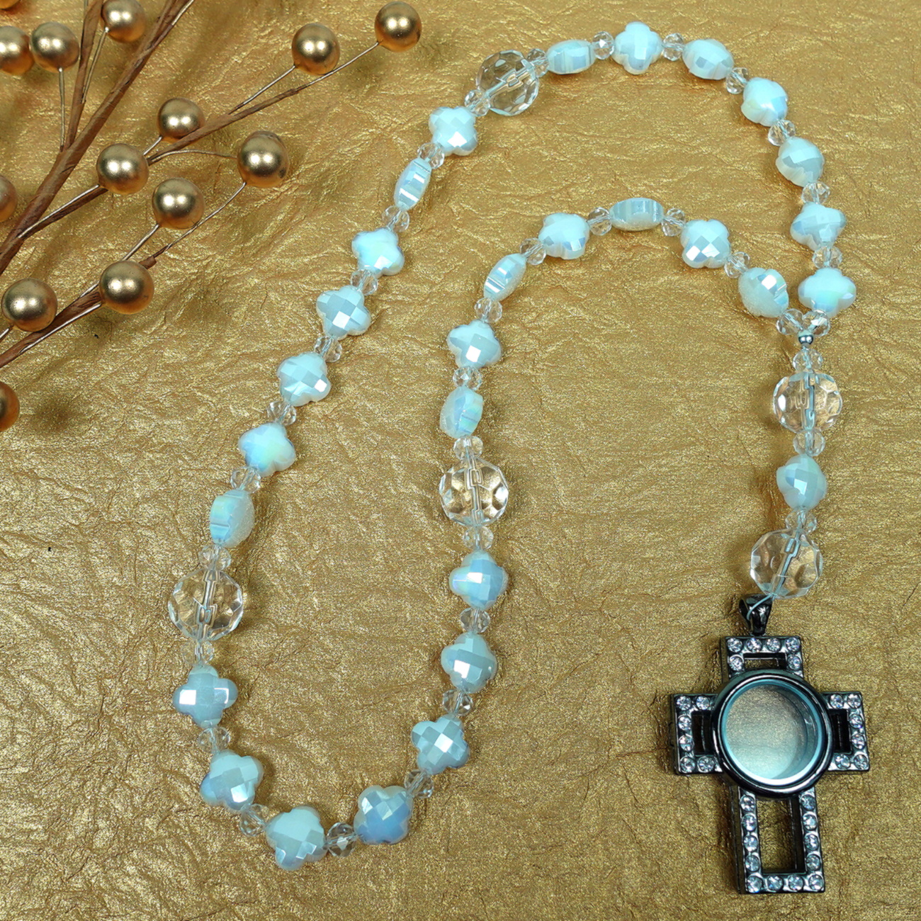 B-B-315-7 White Crosses Protestant prayer beads with white glass cross beads and keepsake cross pendant with compartment