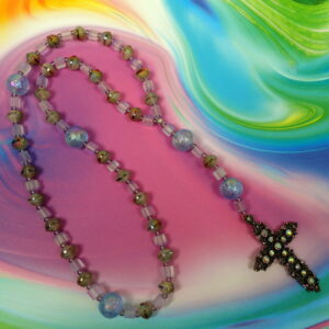 Lilac Cubes Protestant prayer bead necklace with lilac glass cube spacers and rhinestone cross pendant