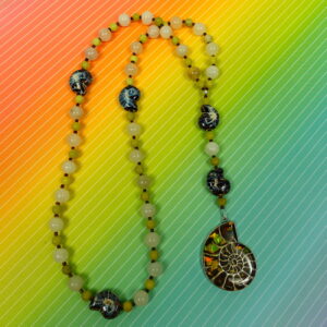 Lime Snails Protestant prayer bead necklace with ceramic snail beads, jade spacers, and abalone shell snail pendant