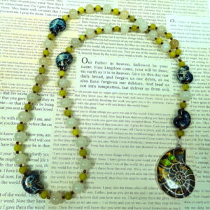 Lime Snails Protestant prayer bead necklace with ceramic snail beads, jade spacers, and abalone shell snail pendant