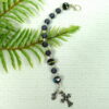 Black Crystal Rainbow Protestant chaplet bracelet with black glass beads, rainbow accents, antique goldtone metal cross, and heart pendant