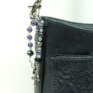 Black Crystal Rainbow Protestant chaplet bracelet with black glass beads, rainbow accents, antique goldtone metal cross, and heart pendant
