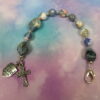 Blue Pink Agate Protestant chaplet bracelet with agate beads, silvertone metal cross, and The Lord Be With You shield pendant