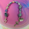 Blue Pink Agate Protestant chaplet bracelet with agate beads, silvertone metal cross, and The Lord Be With You shield pendant