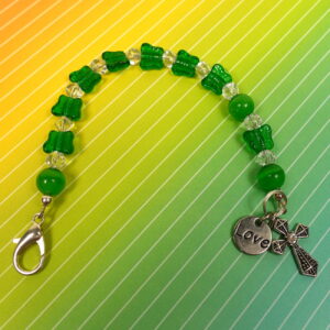 Green Butterflies Protestant chaplet bracelet with green butterfly beads, silvertone metal cross, and Love pendant