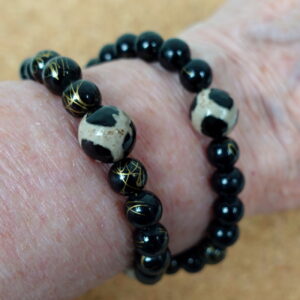 Black Island Agate Protestant Prayer Bead Bracelet with island agate Cruciform beads, black glass Week beads, filigreed cross, and Hope pendant