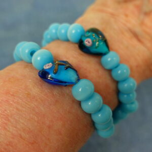 Blessed Blue Hearts Protestant Prayer Bead Bracelet with lampworked blue heart Cruciform beads, aqua enamel cross, and Blessed pendant