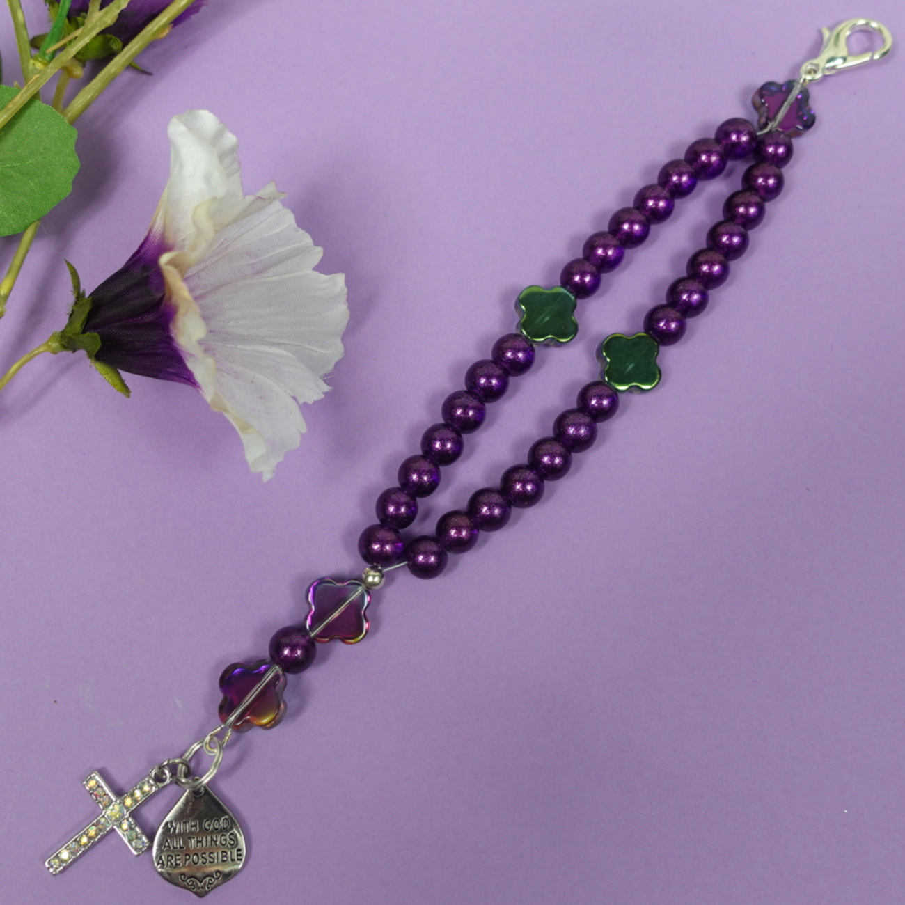 B-D-009-2 Possibly Purple Protestant Prayer Bead Bracelet with color-shifting Swiss cross Cruciform beads, rhinestoned cross, and With God All Things Are Possible pendant