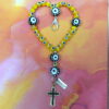 Protected Yellow Evil Eye Protestant Prayer Bead Bracelet with lampworked Evil Eye beads, rhinestoned cross, and PROTECTED pendant