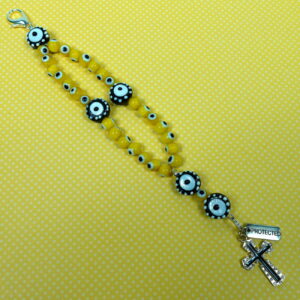Protected Yellow Evil Eye Protestant Prayer Bead Bracelet with lampworked Evil Eye beads, rhinestoned cross, and PROTECTED pendant