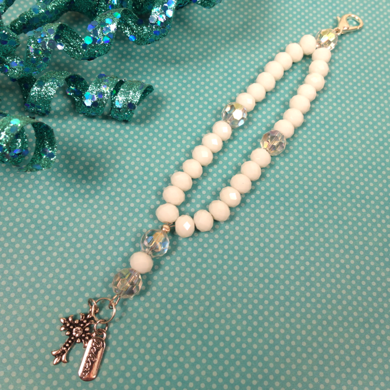 B-D-012-6 White Believe Protestant Prayer Bead Bracelet with iridescent Cruciform beads, white glass Week beads, filigreed cross, and Believe pendant